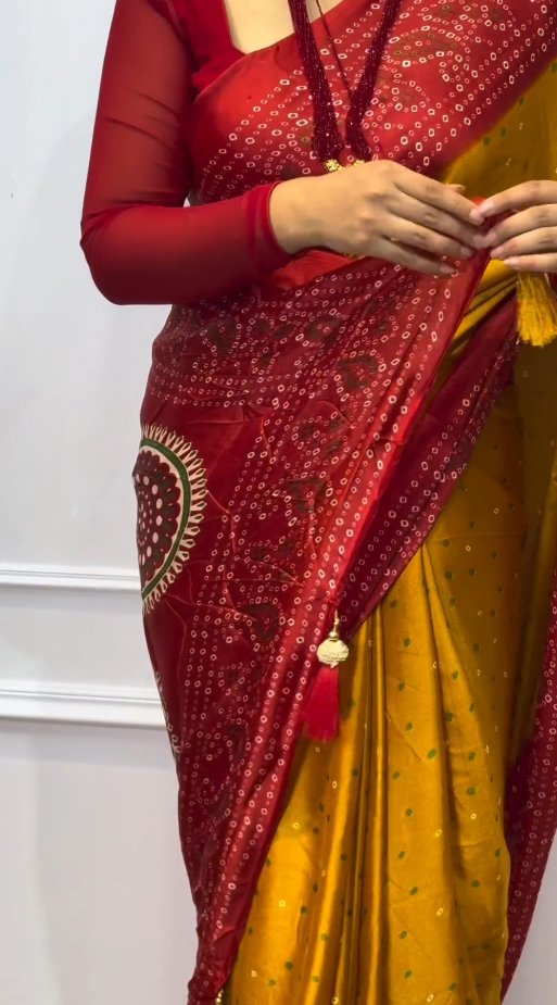 Red And Yellow Bandhani Saree