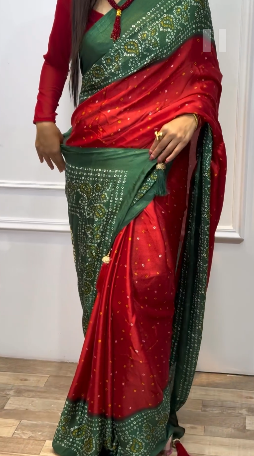 Green And Red Bandhani Saree