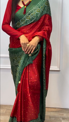 Green And Red Bandhani Saree