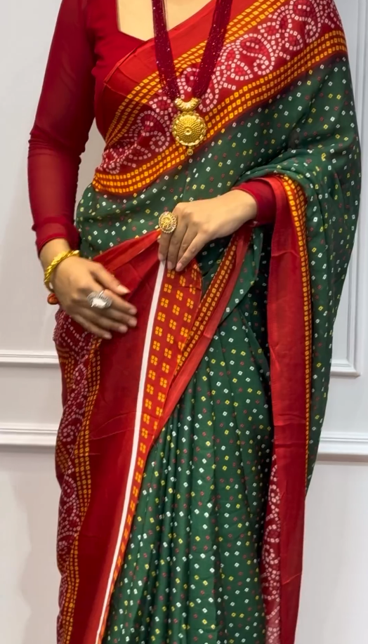 Green And Red Latest Bandhani Saree