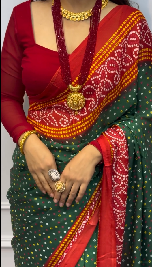 Green And Red Latest Bandhani Saree