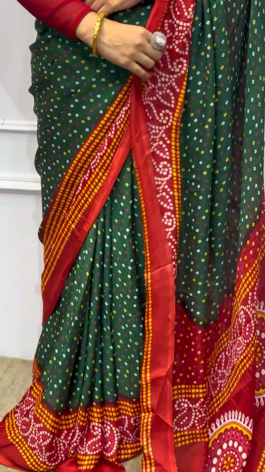 Green And Red Latest Bandhani Saree