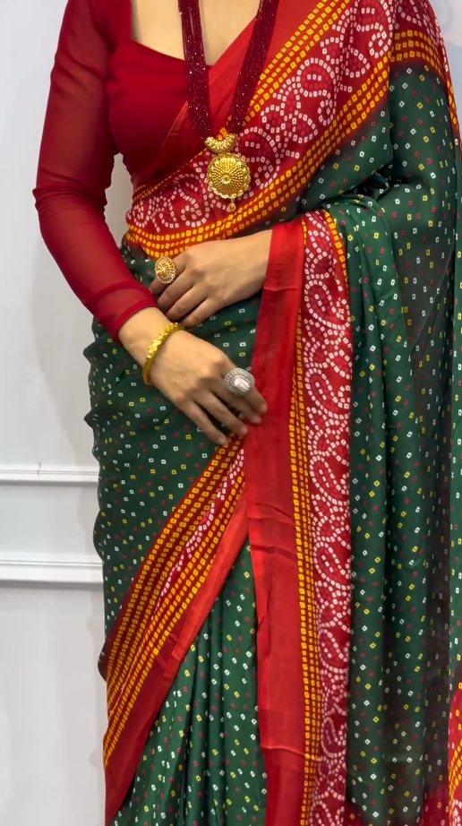 Green And Red Latest Bandhani Saree