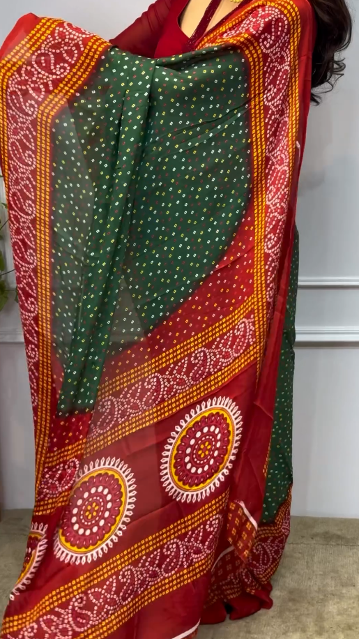 Green And Red Latest Bandhani Saree