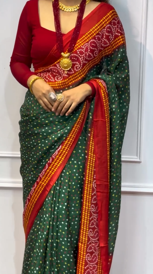 Green And Red Latest Bandhani Saree