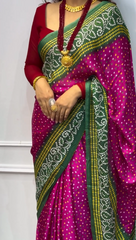 Green And Magenta Bandhani Saree