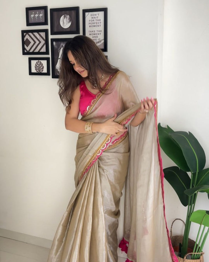 Luxurious Tissue Saree With Sequence & Thread Butta Work Lace