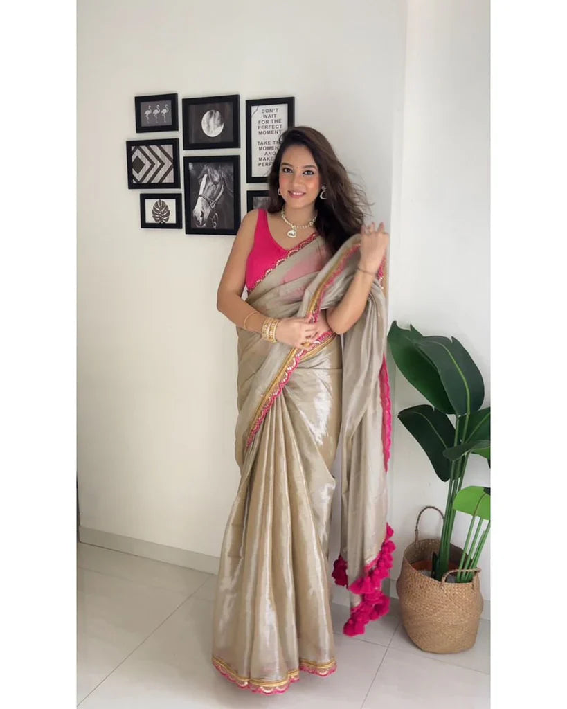 Luxurious Tissue Saree With Sequence & Thread Butta Work Lace